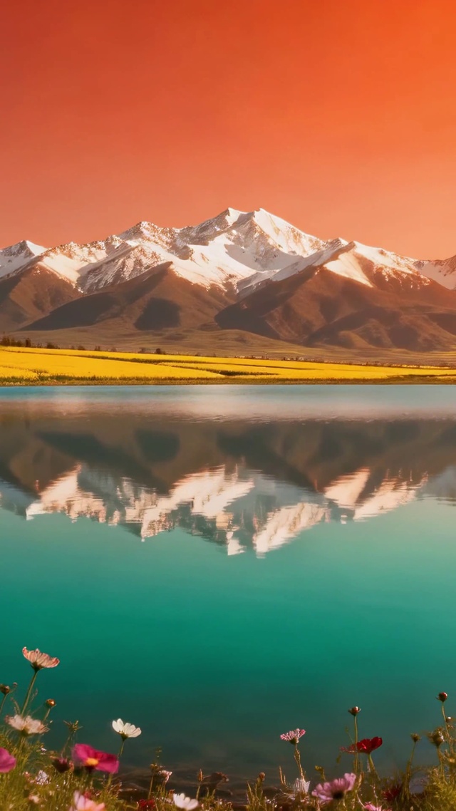 橙霞雪山湖畔花田美景