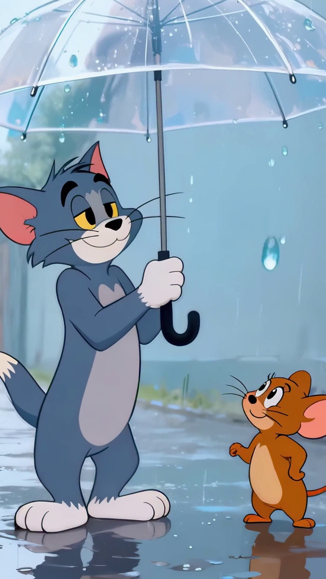 秋雨伞下猫和老鼠