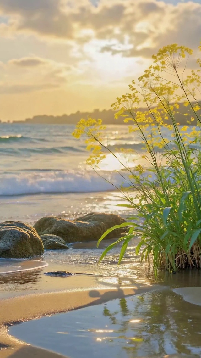 夕阳海滨黄花浪漫海景