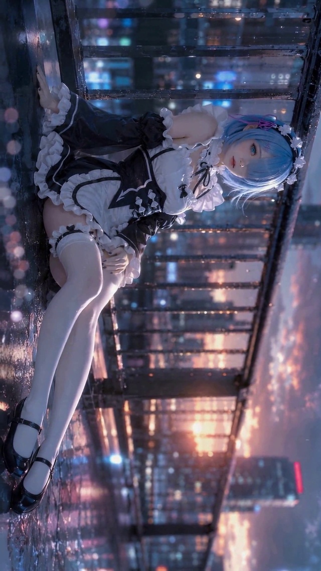 雨夜黄昏天台蓝发女仆美少女