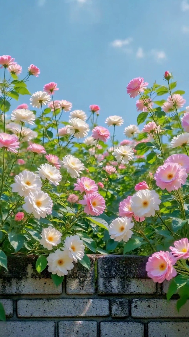 晴空下的浪漫粉白花墙