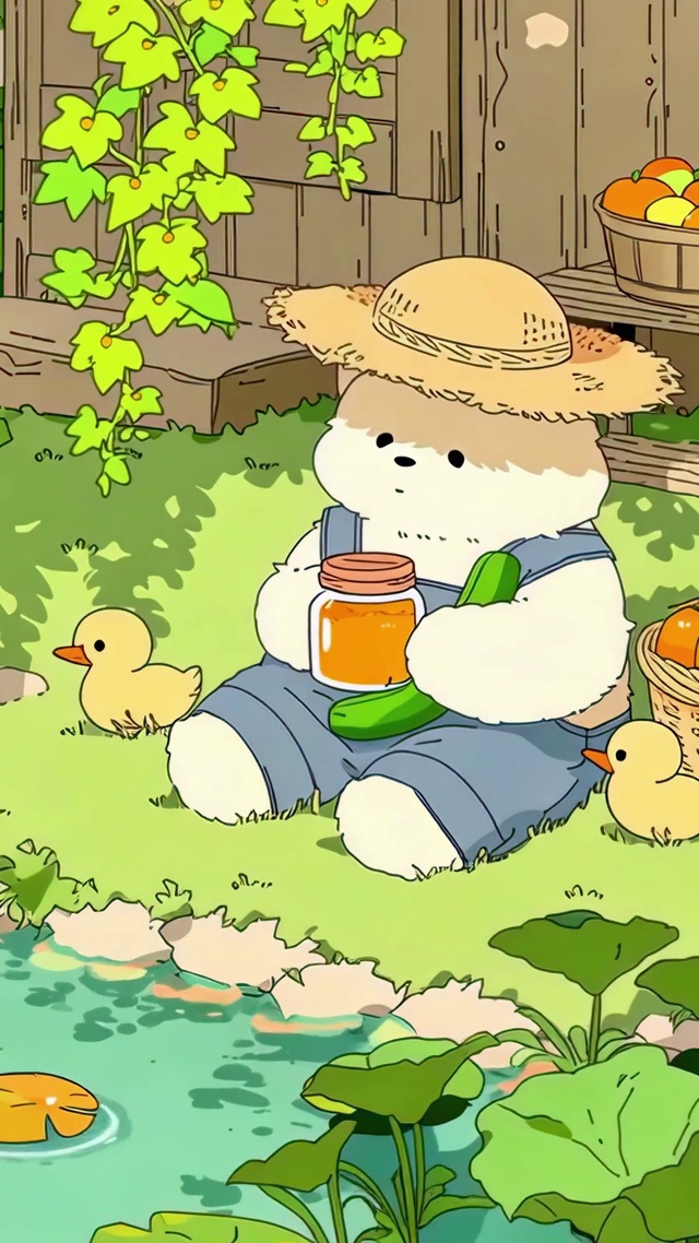 池塘边的农夫小熊