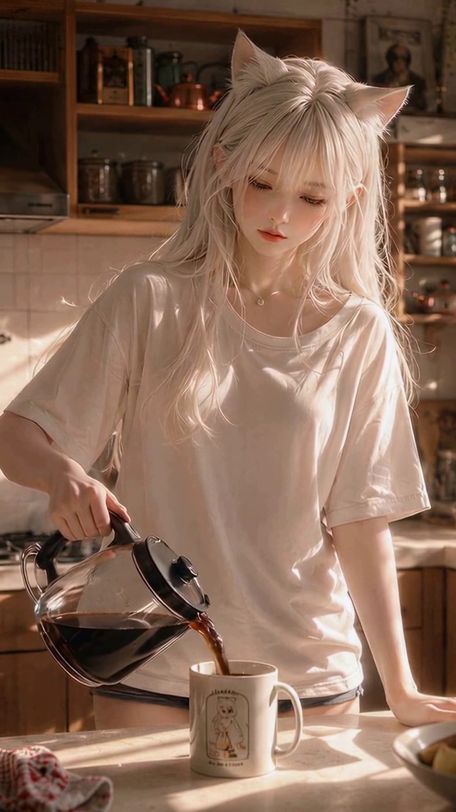 温馨厨房猫耳白发美少女