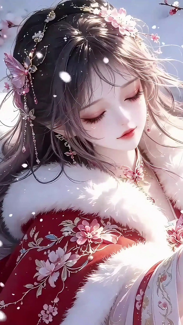 雪中赏梅的古风红衣少女
