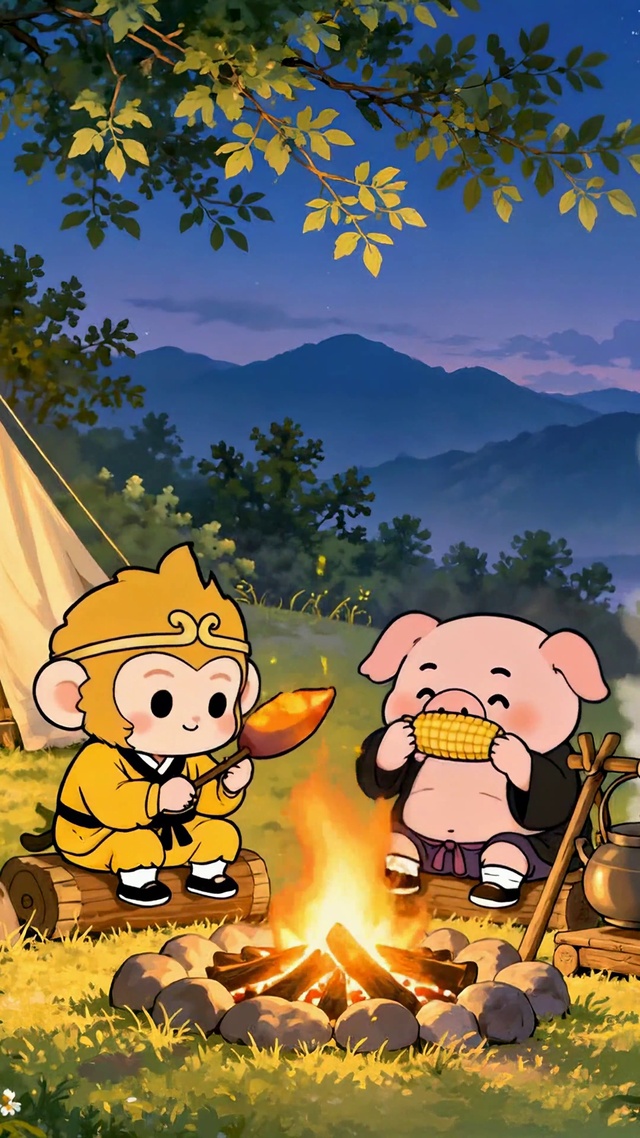 Q版西游师徒山间露营夜景
