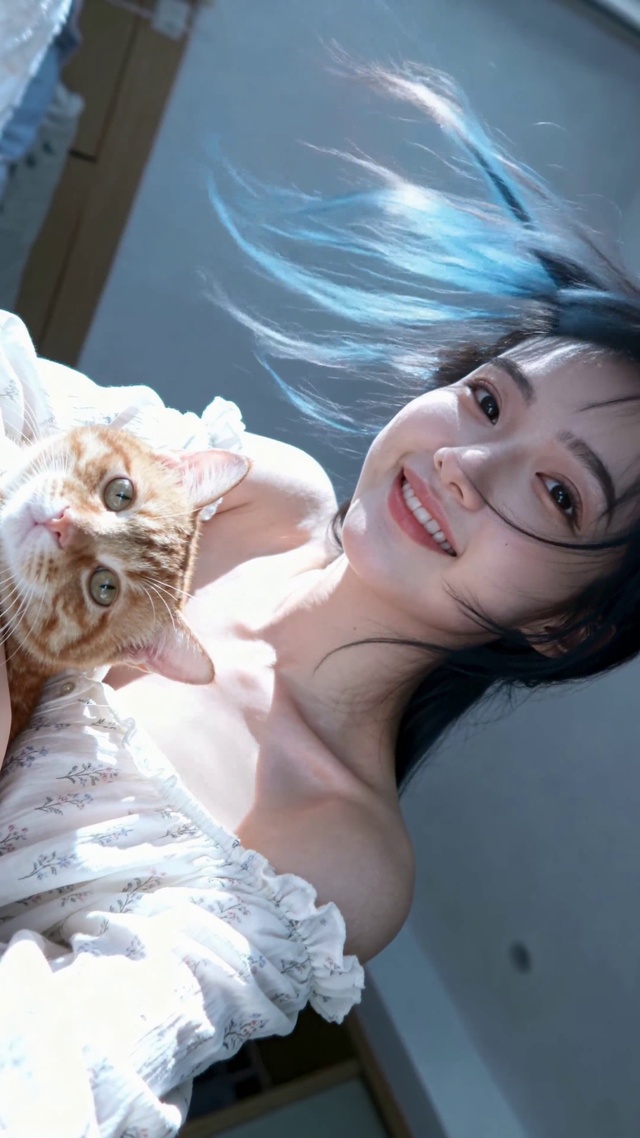 蓝发清纯少女与橘猫