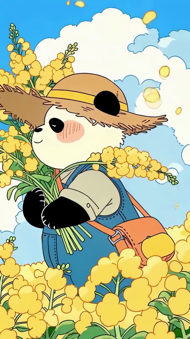 油菜花海里的可爱熊猫农夫