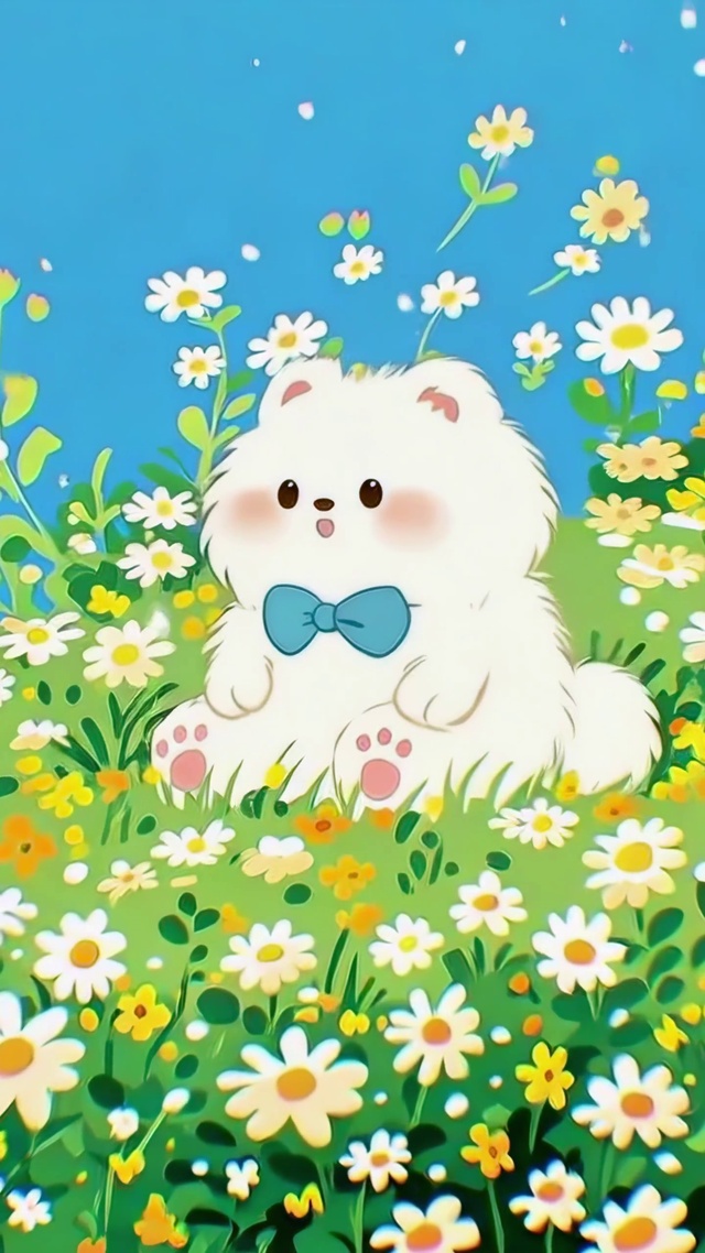 雏菊丛里的小白熊