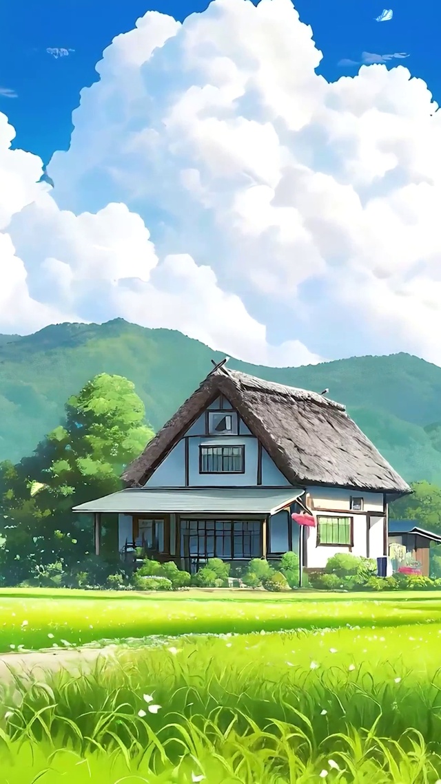 蓝天白云树木绿景