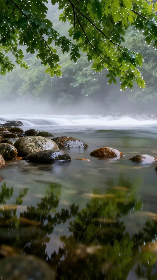 雨雾林间溪流 清新治愈风景