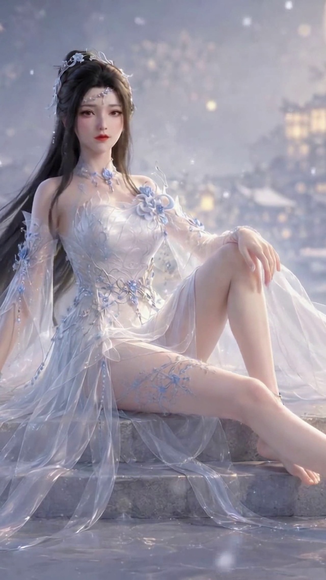 月下雪景古风轻纱美人
