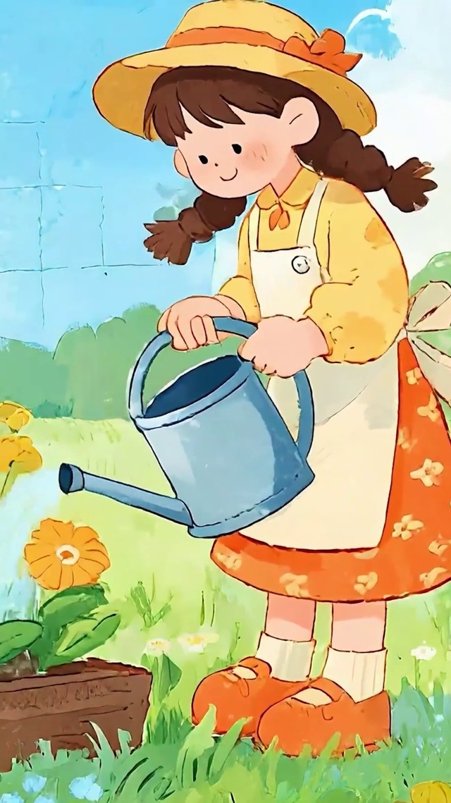 护眼小清新浇花女孩
