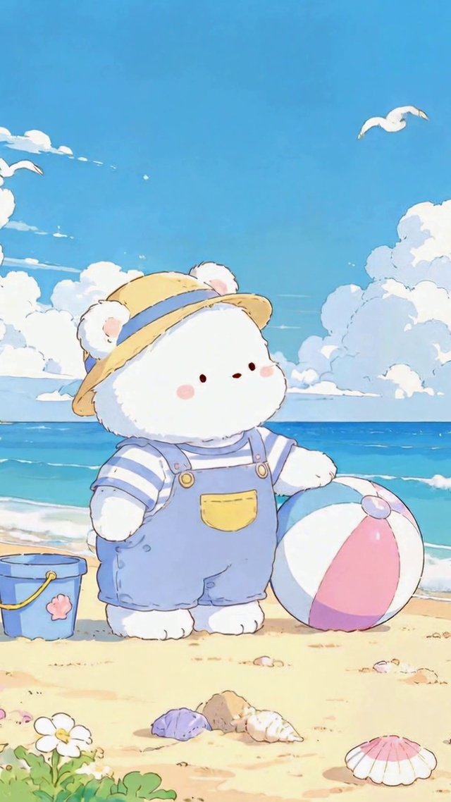 治愈海边可爱小白熊