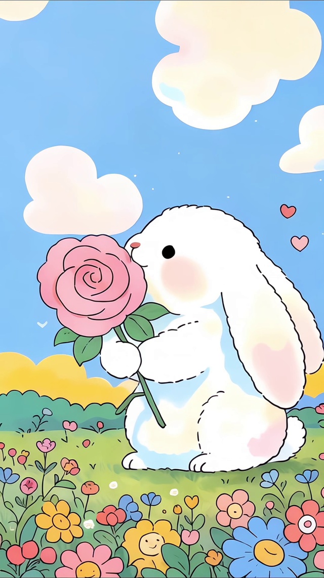 小清新可爱兔子抱抱玫瑰