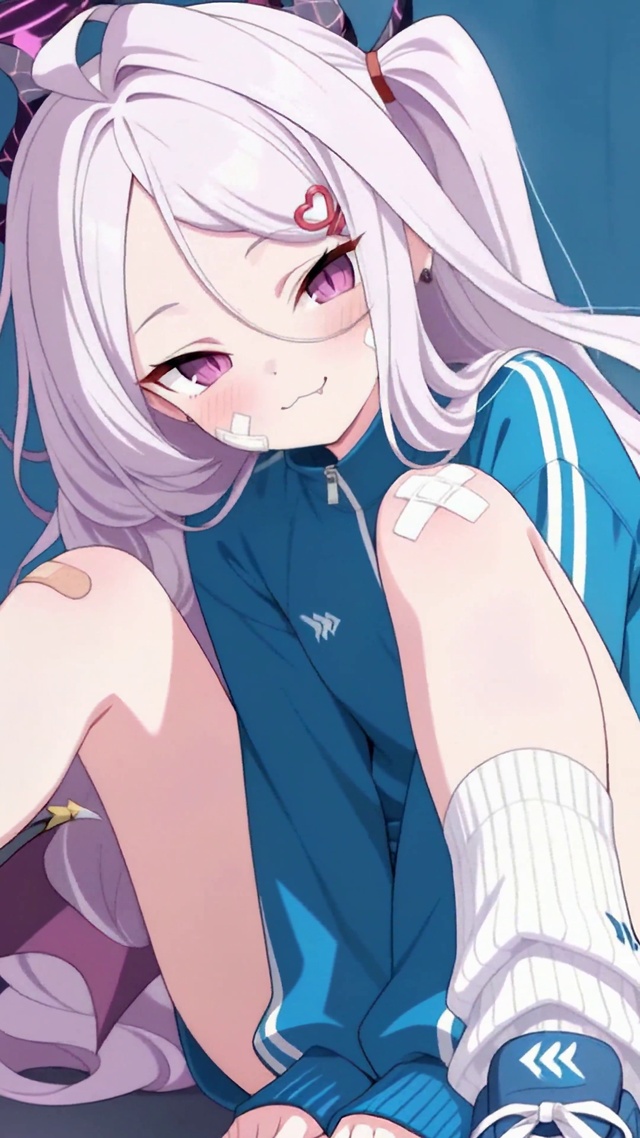 运动风白发恶魔少女与猫咪