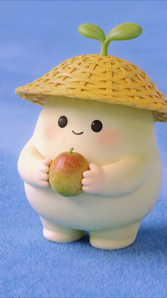 可爱草帽豆芽团子抱苹果