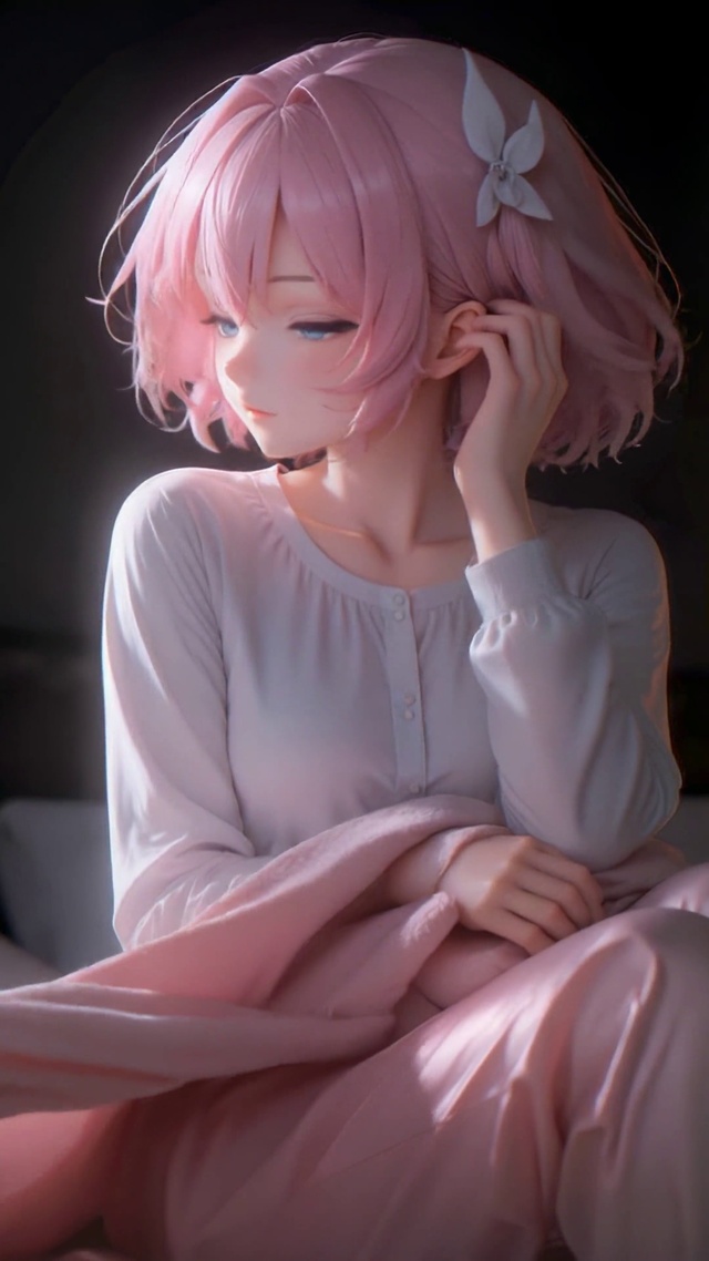 粉发睡衣少女月夜卧室