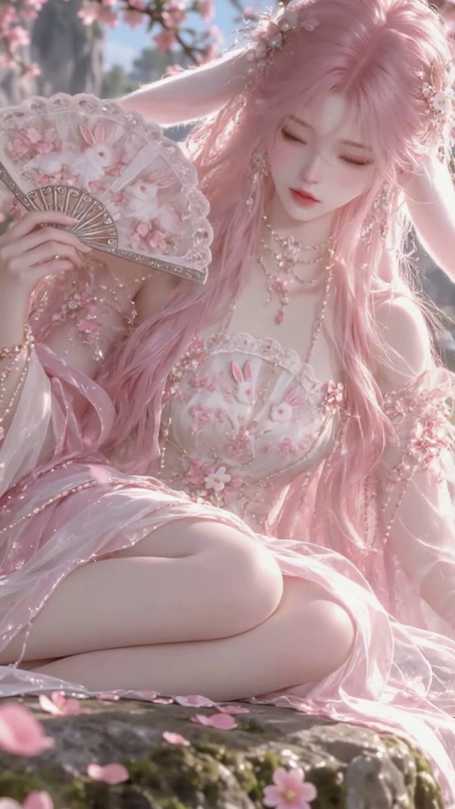 樱花溪畔粉发古风兔耳美人