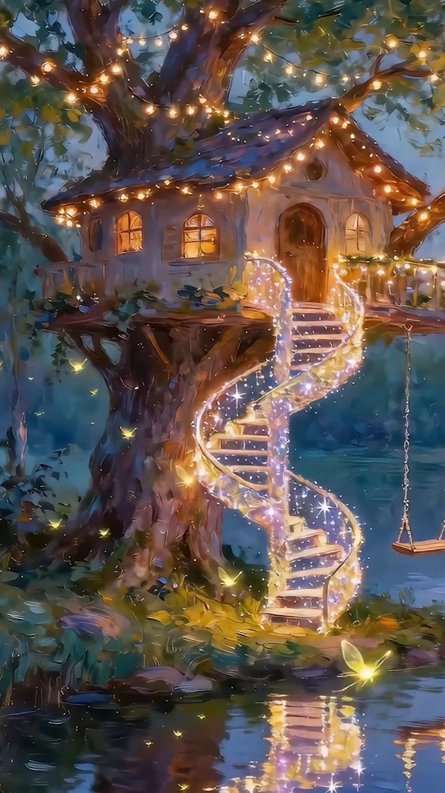 夜景树木河流