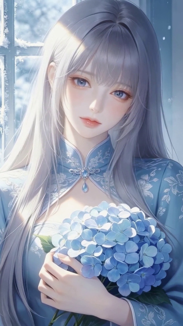 冬日窗边银发蓝裙美少女