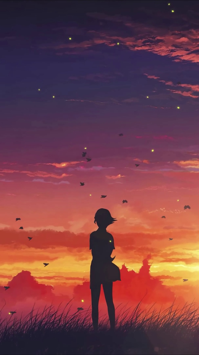 夕阳短发少女剪影