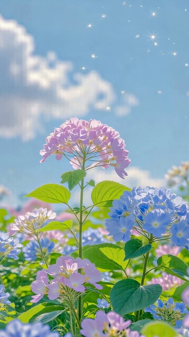 晴空绣球花田清新治愈风景
