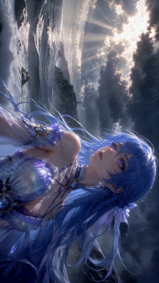 雨天海边蓝发二次元美少女