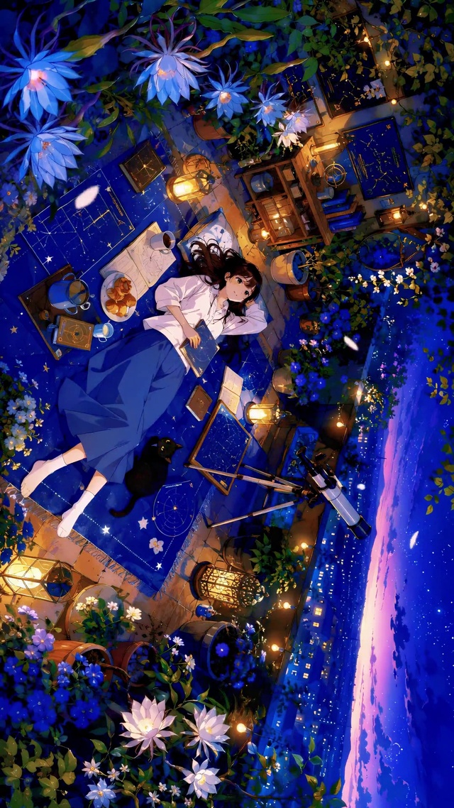 星空露台的少女与黑猫