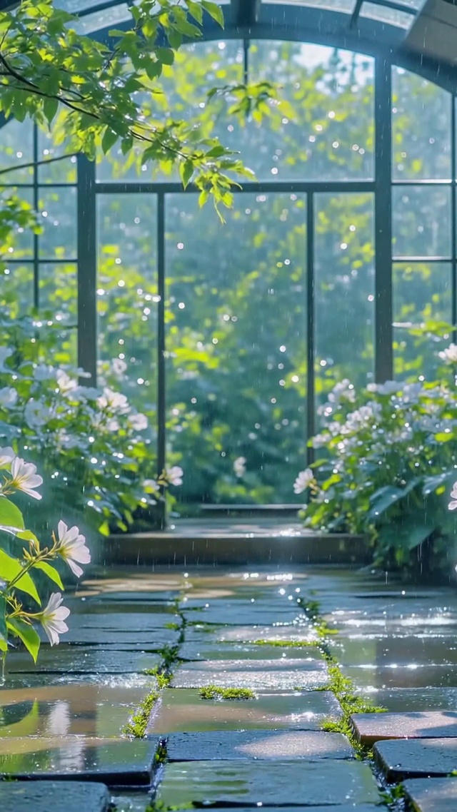 雨天温室花境清新风景
