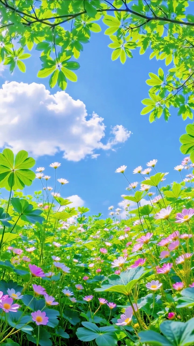 蓝天白云花丛治愈风景