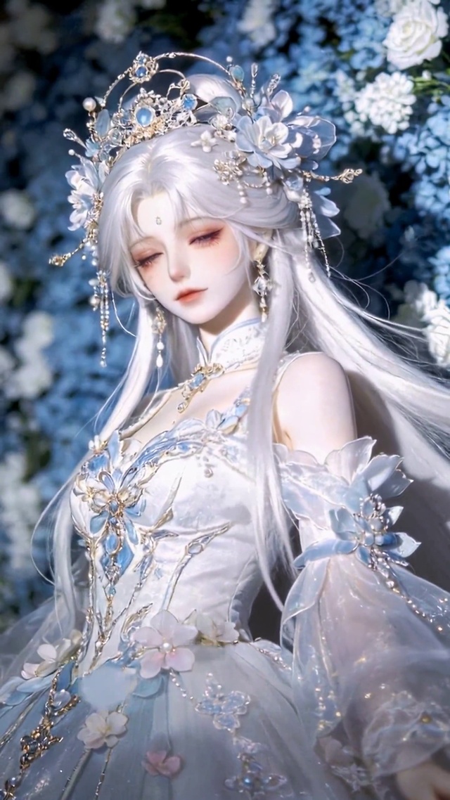 蓝白花海里的银发古风美少女