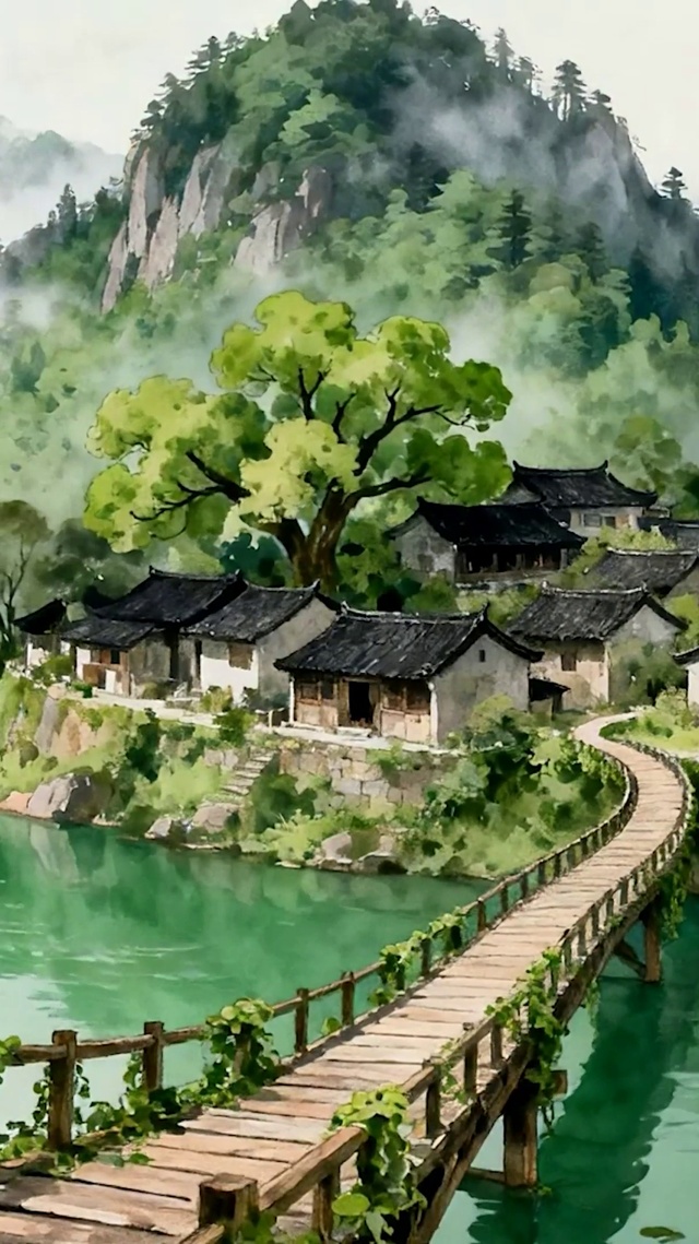古风树木河流