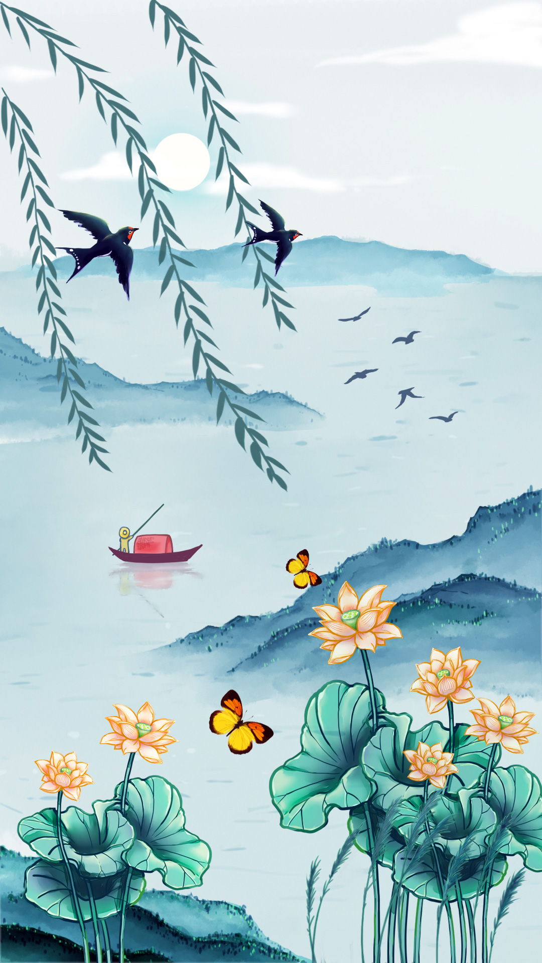 荷花、蝴蝶、燕子、小船