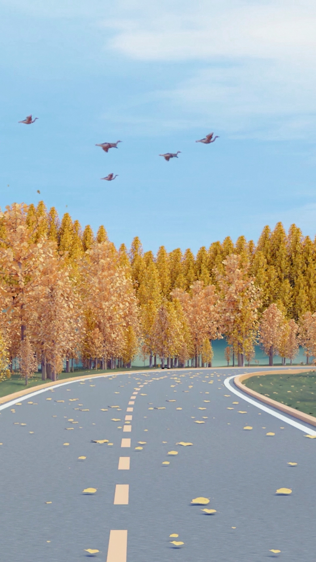 大雁飞过金色树林