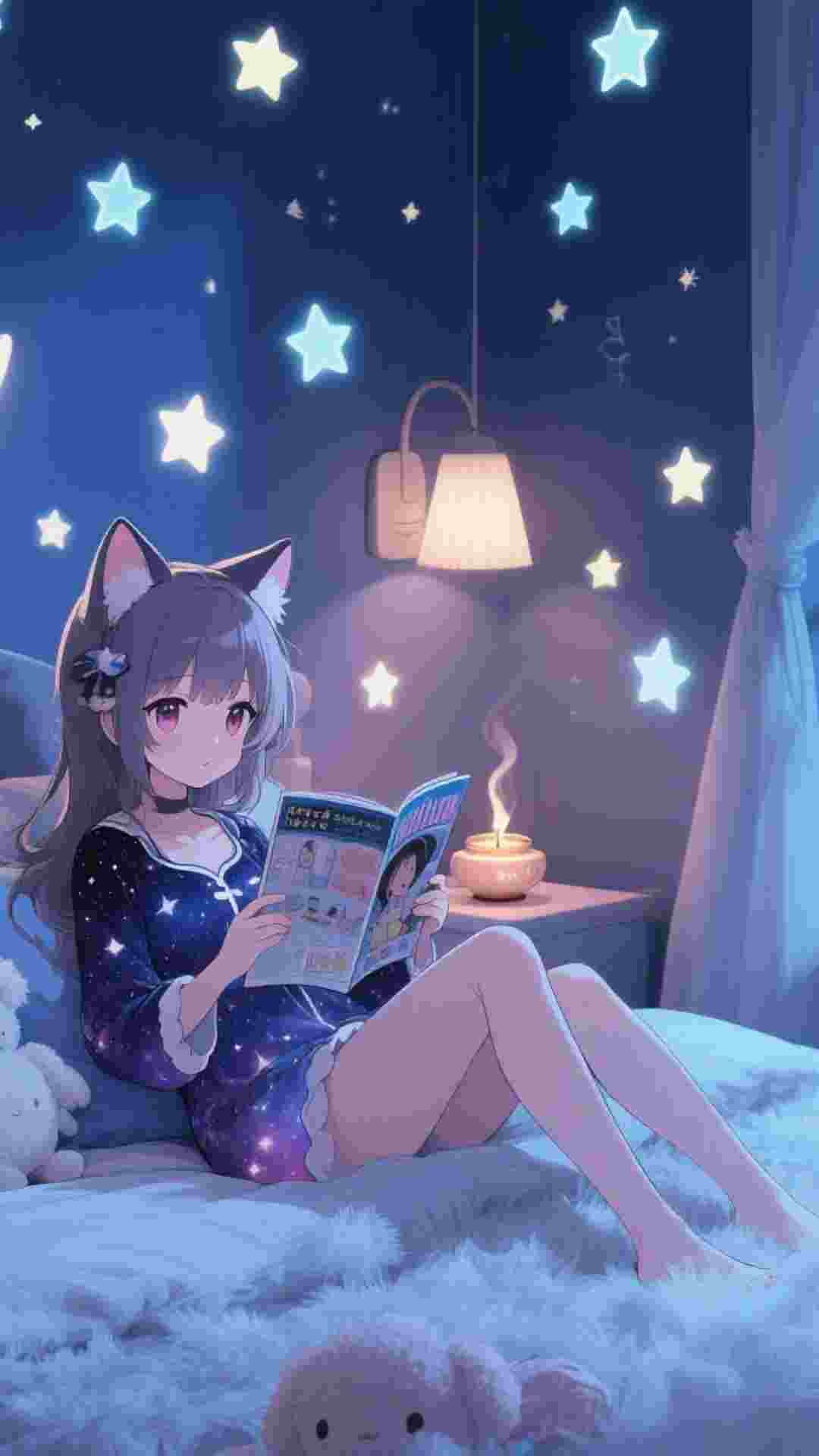 夜晚安心看书的美少女动态壁纸
