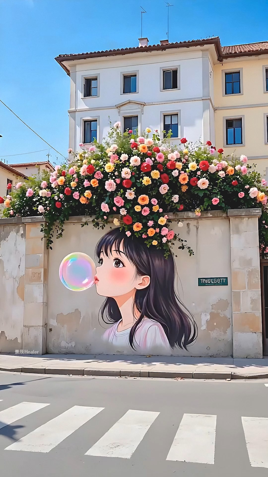 可爱吹泡泡女孩鲜花墙绘