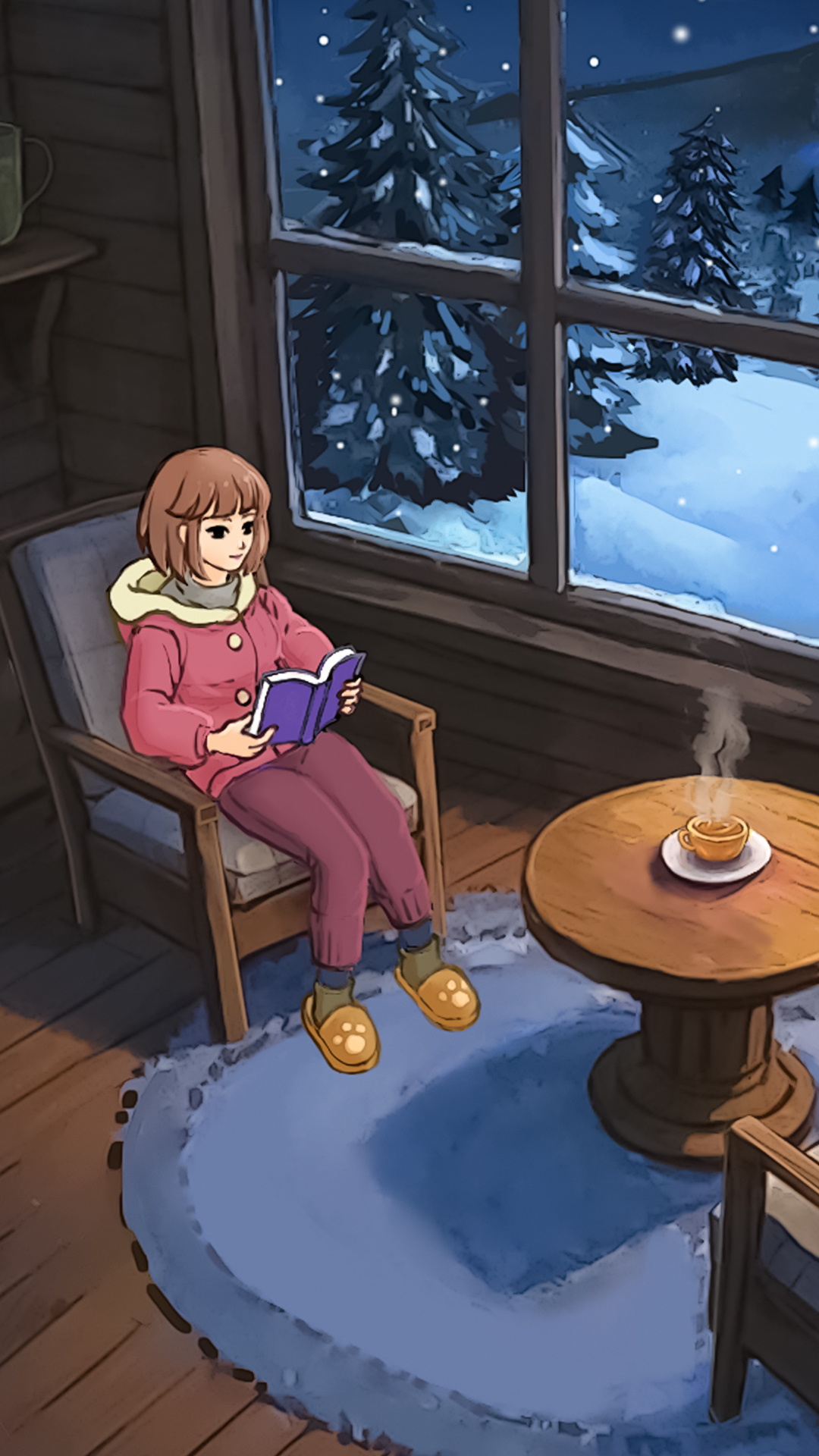 雪夜森林里的小猫、少女和木屋