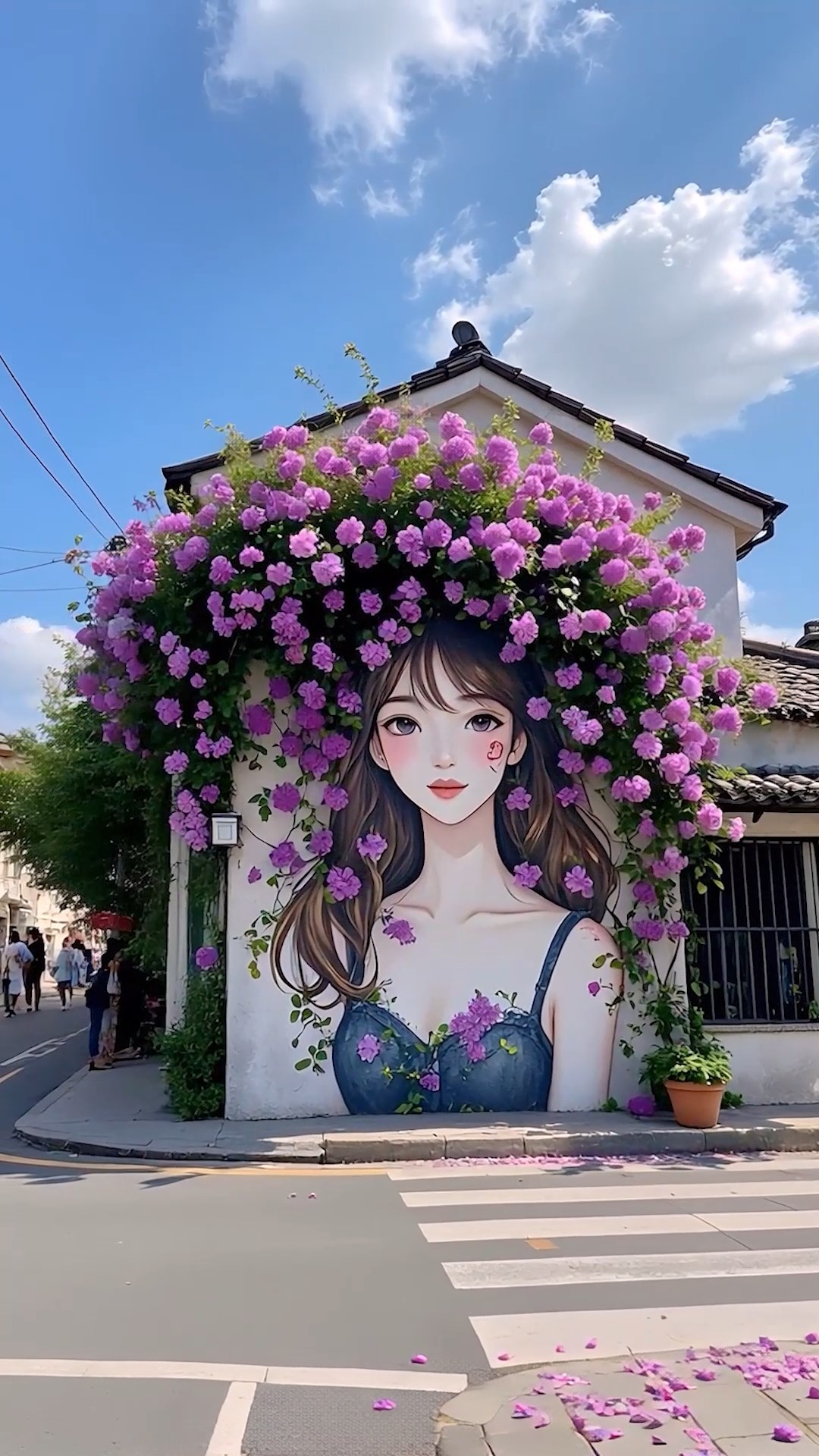 都市女孩花朵墙绘