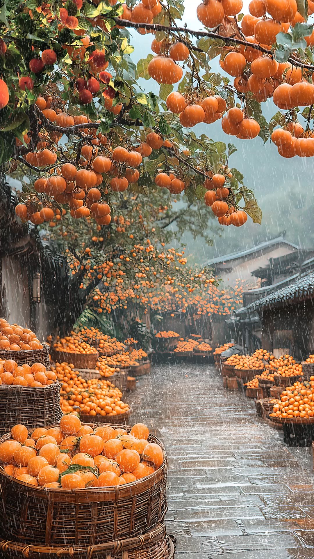 雨天柿子树小镇