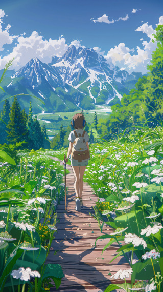 鲜花小道与徒步少女