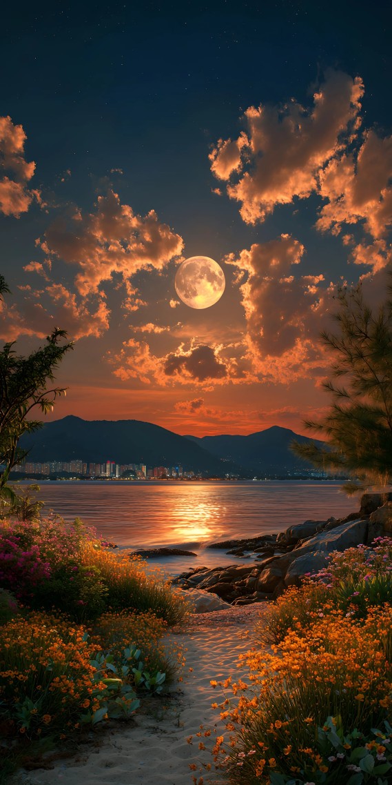 月映花海，静谧海岸的金色梦境