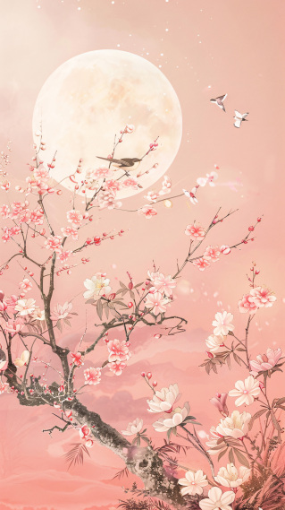 圆月与红梅