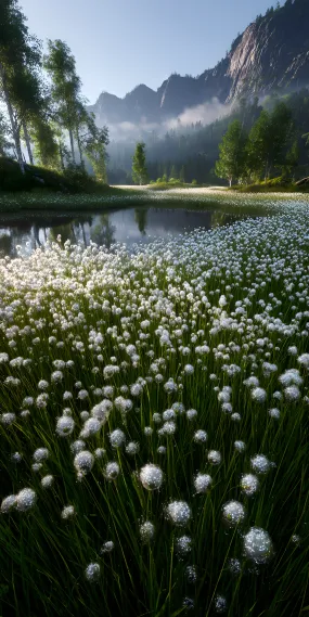 晨雾漫山野，绒花漾水间