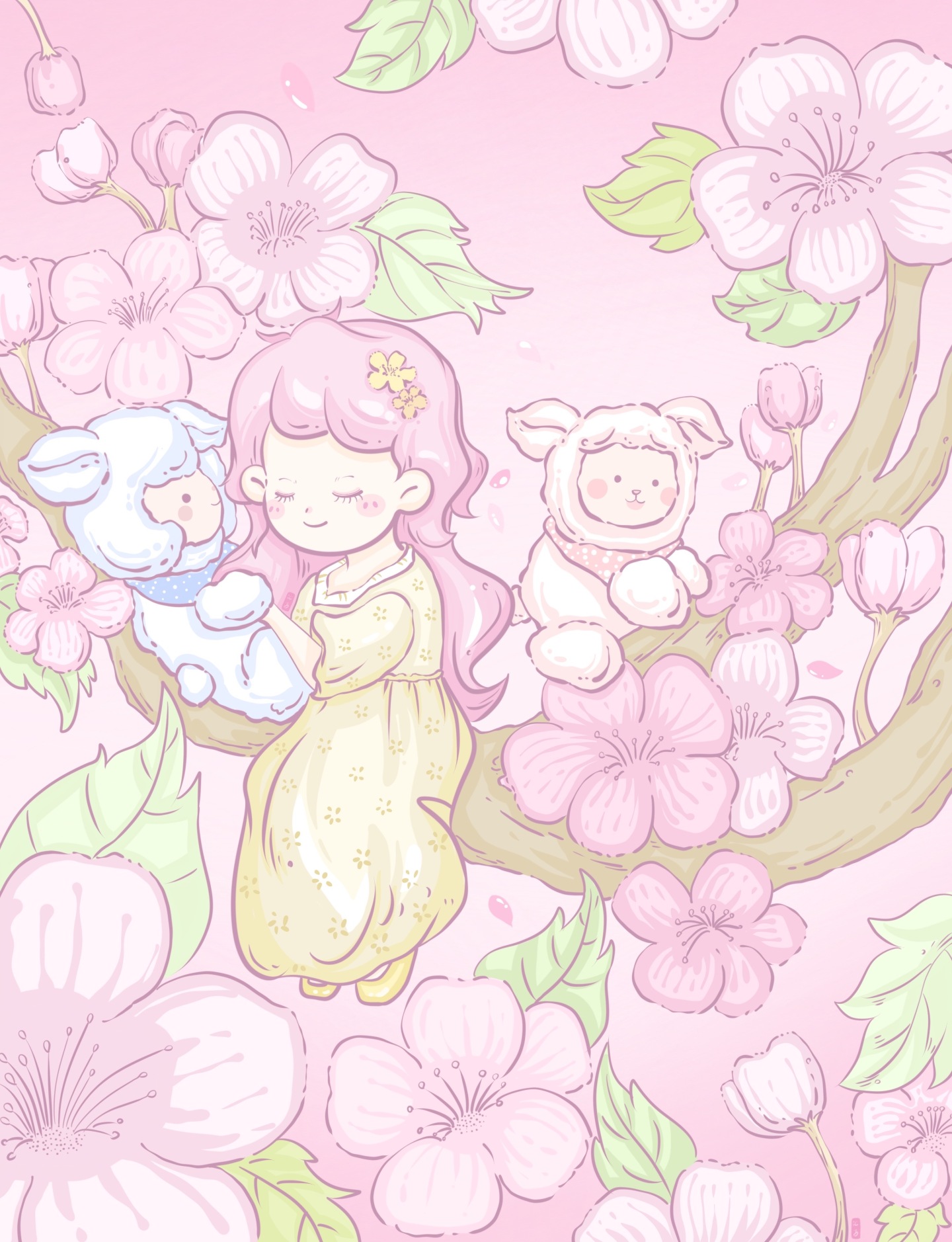 原創奶羊招桃花壁紙聊天背景圖