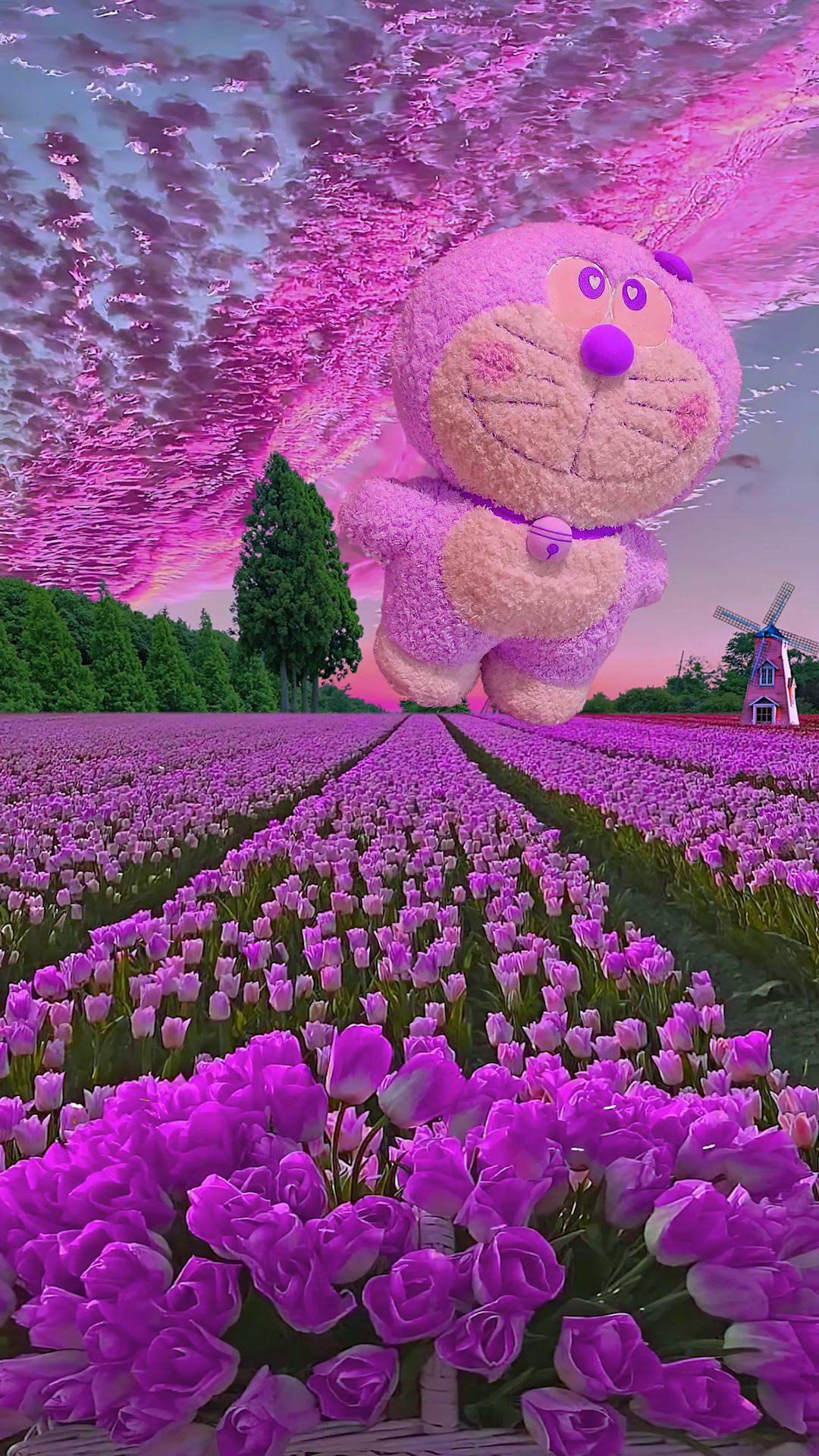 唯美紫色鬱金香花海叮噹貓