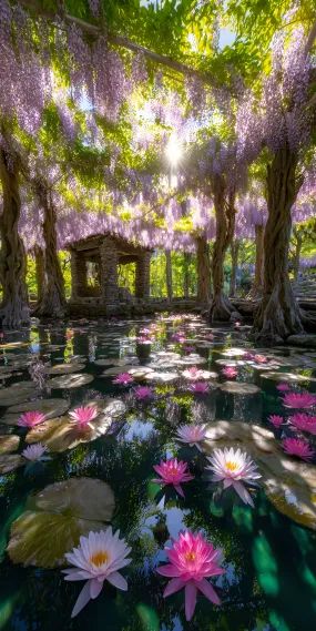 紫藤垂帘，莲池映日
