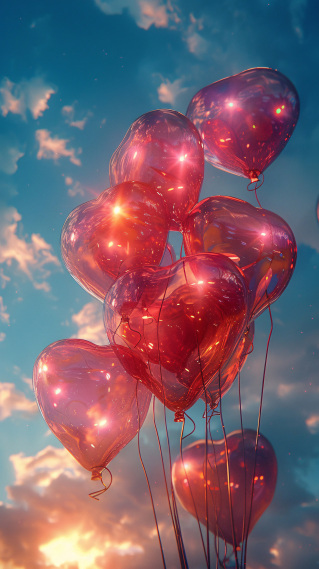 夕阳下的爱心汽球