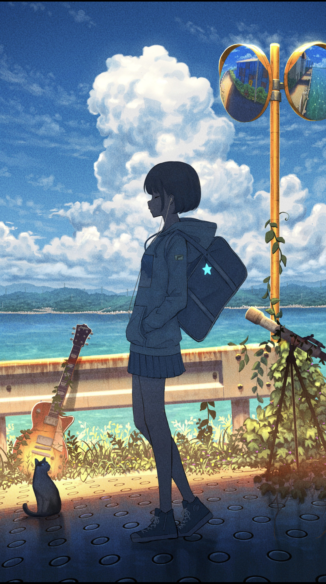 海边听歌少女与猫