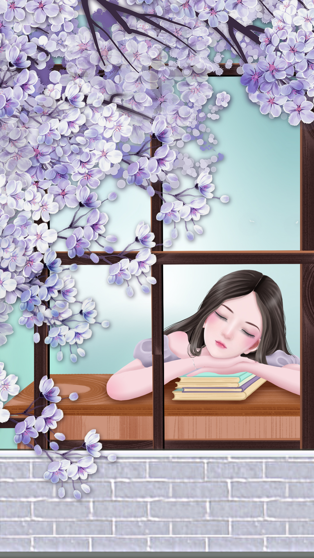 好看的微信聊天背景圖櫻花窗中的少女