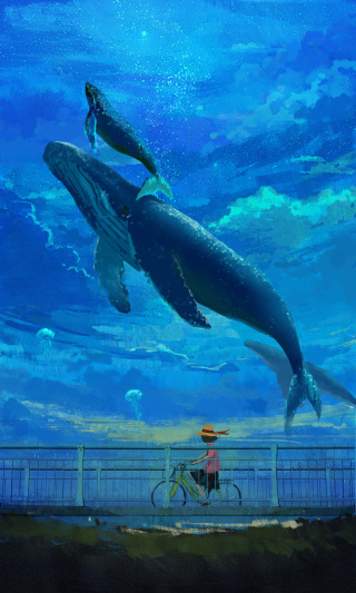 少女心治愈系海豚插画壁纸简约唯美鲸鱼天空风景逍遥游太空人 动漫